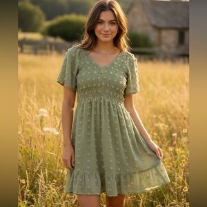 Sage Green Cottagecore Smocked Mini Dress Medium Flowy Twirl Girlie